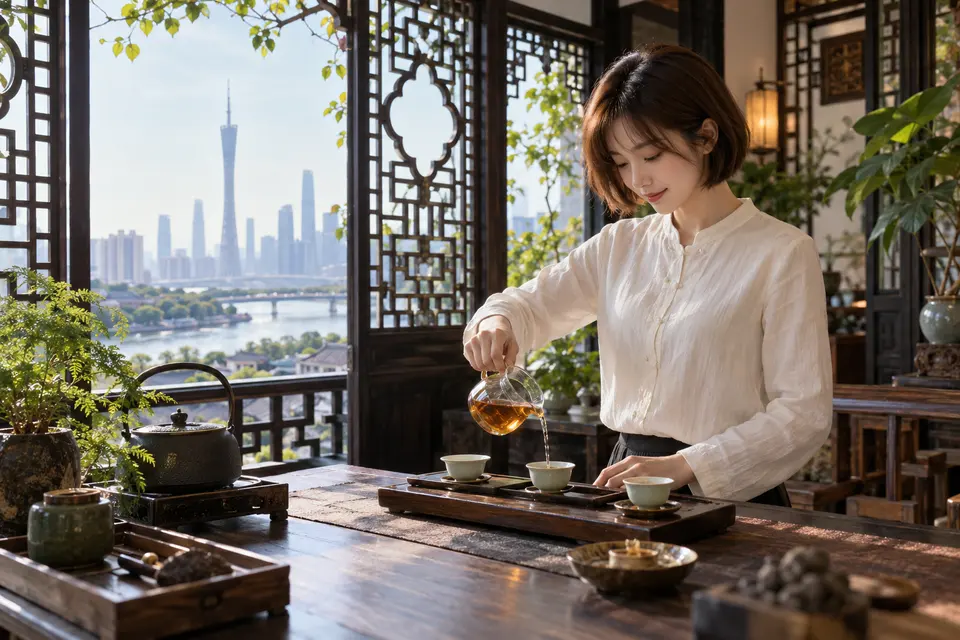 岭南花窗前的冲泡空间，公道杯与白瓷茶具置于茶席