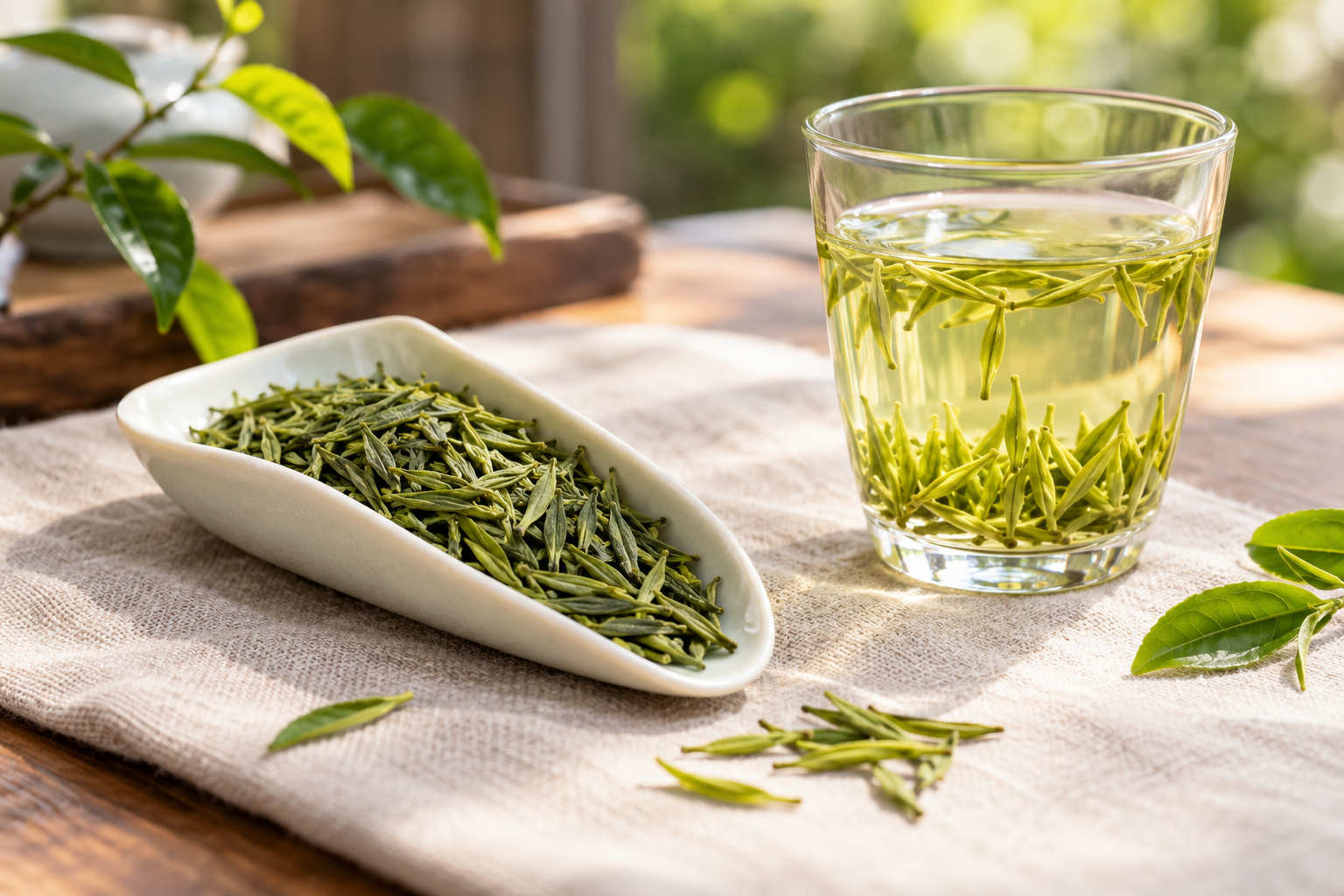 玻璃杯中的绿茶芽叶与茶汤