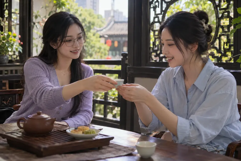 茶点与茶杯摆在花窗前,茶友围坐交流